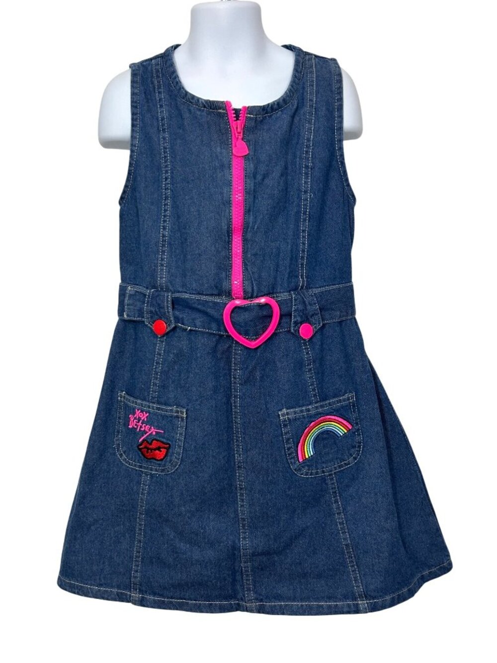 Betsey Johnson Girls’ Blue Denim Jumper Dress 7/8 Pink Zip Matching Belt Casual